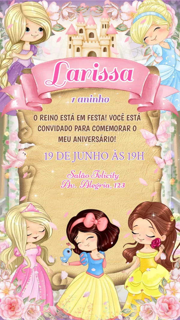 Convite Aniversário Princesas Castelo Rosa Para Editar Online