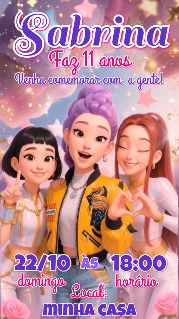 Convite Aniversário Guerreiras do K-pop II Para Editar Online