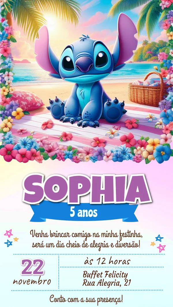 Convite Aniversário Stitch Praia Tropical Para Editar Online