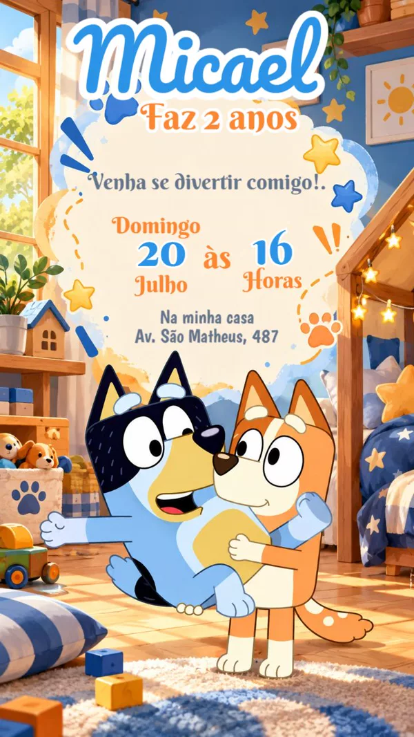 Convite Aniversário Bluey Para Editar Online