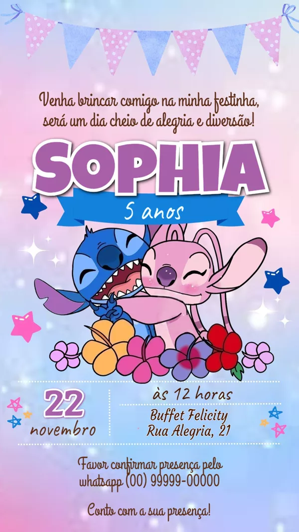 Convite Aniversário Stitch e Angel Flores Para Editar Online