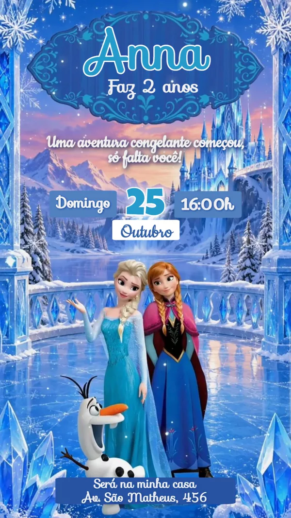 Convite Animado Aniversário Frozen Elsa e Anna Para Editar Online