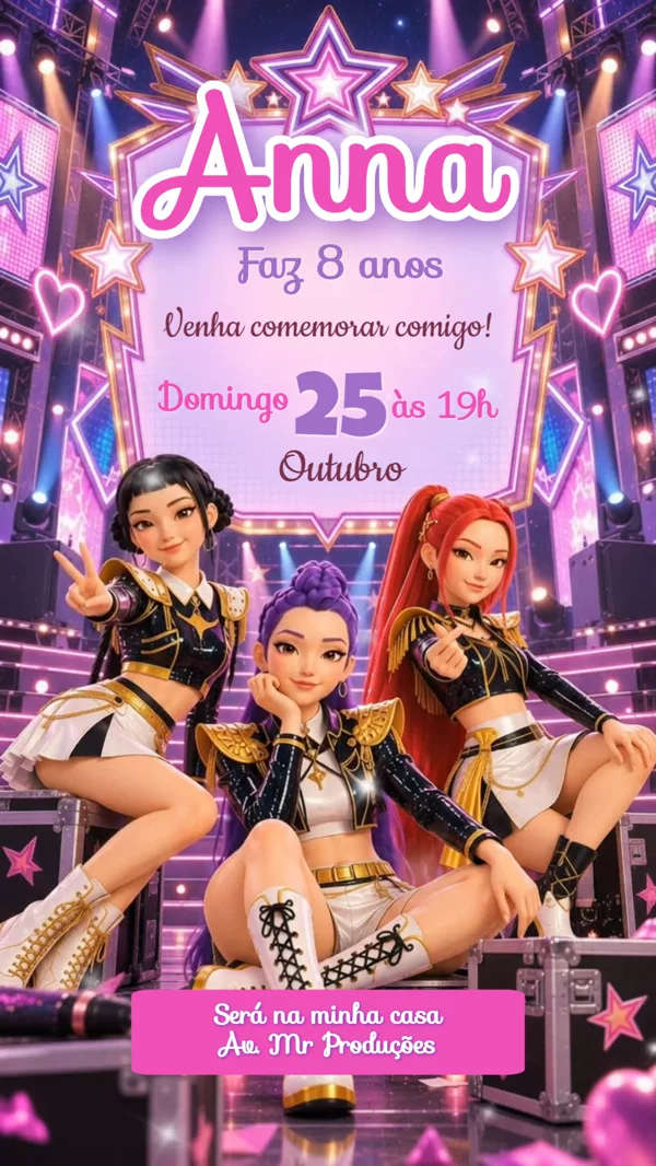 Convite Animado Aniversário Guerreiras do K-Pop Para Editar Online