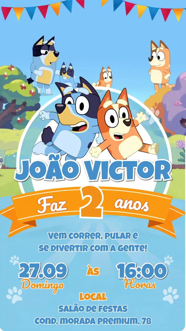 Convite Animado Aniversário Bluey Bandeirinhas Para Editar Online