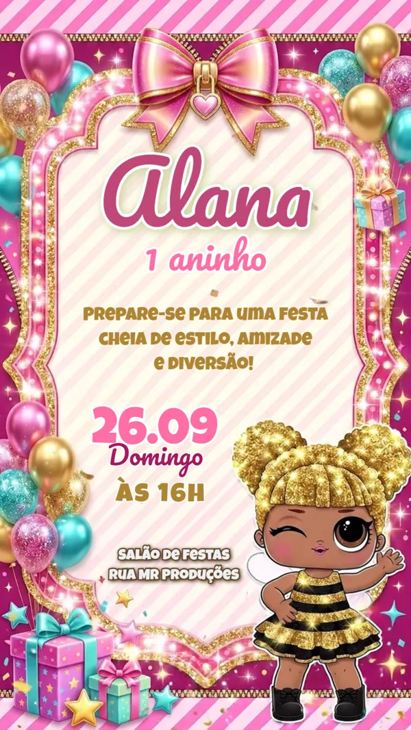 Convite Animado Aniversário LOL Surprise Dourada Para Editar Online