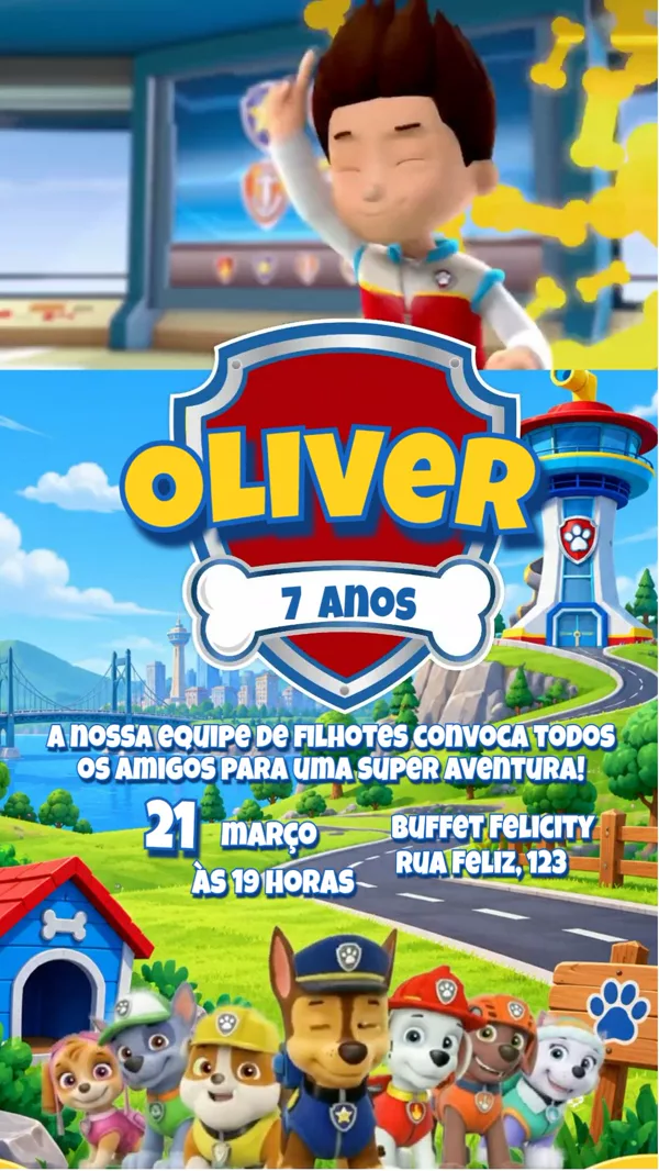Convite Animado Aniversário Patrulha Canina Azul Para Editar Online