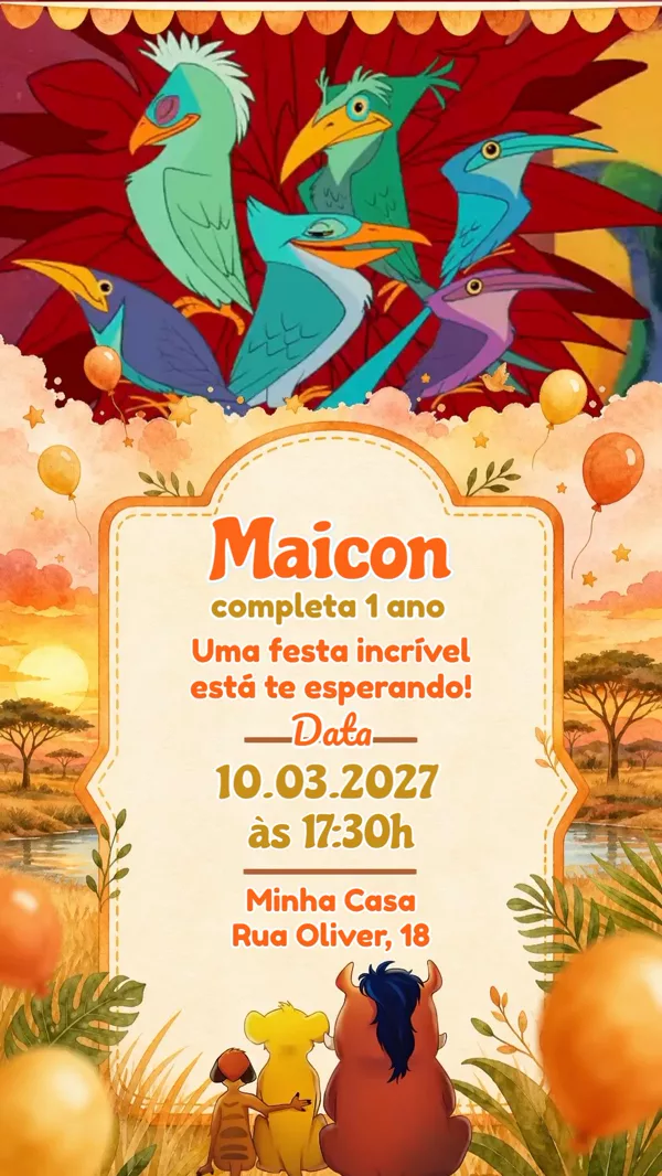 Convite Animado Aniversário Rei Leão Savana Para Editar Online