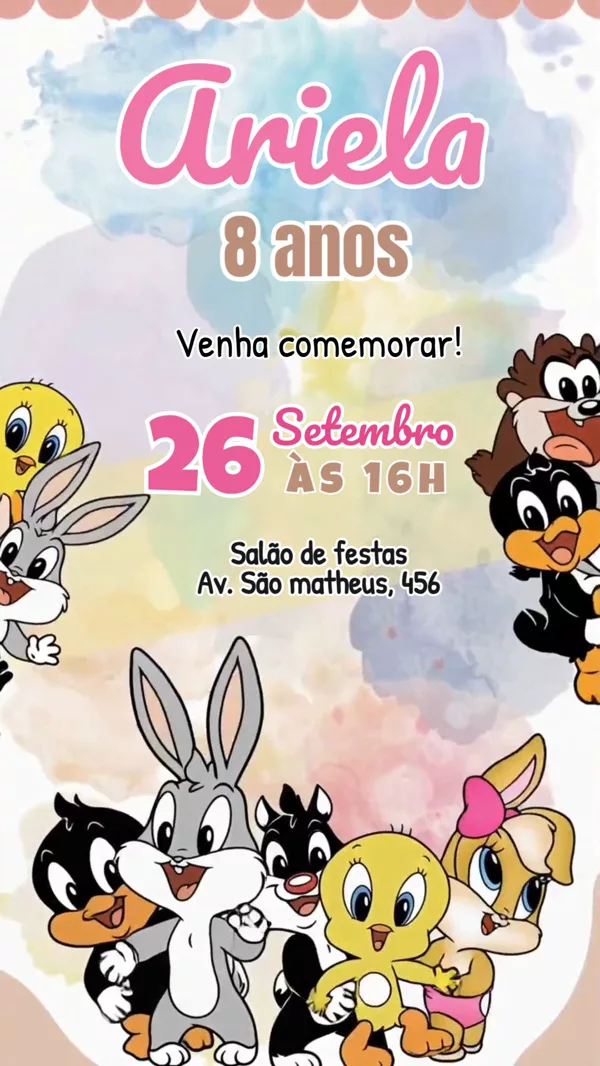 Convite Animado Aniversário Baby Looney Tunes Para Editar Online
