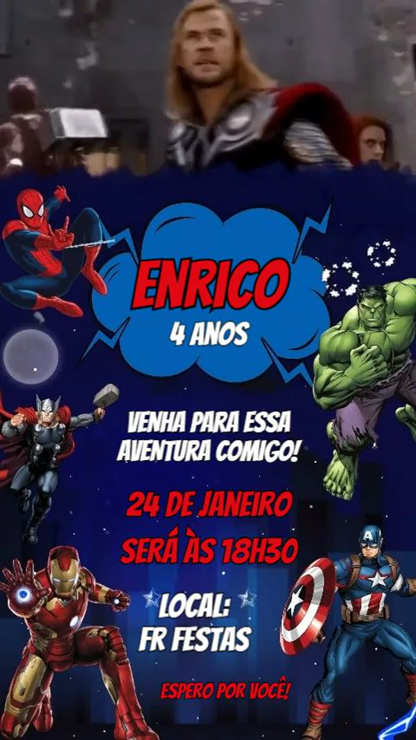 Convite Animado Aniversário Vingadores Quadrinho Para Editar Online