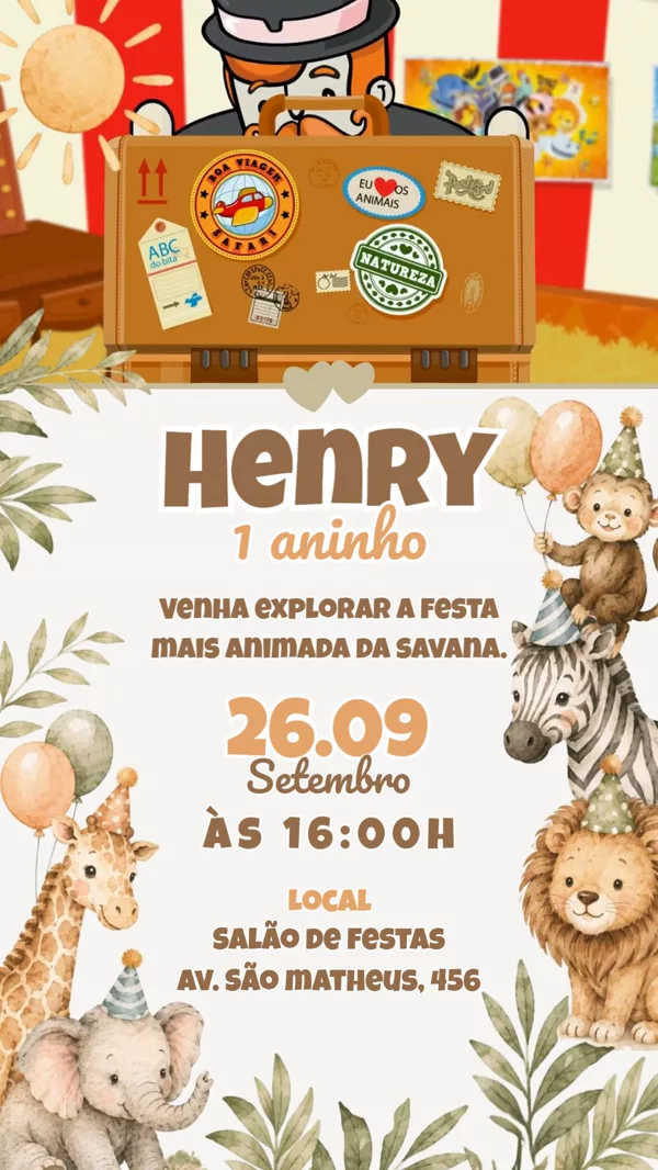 Convite Animado Aniversário Safari Aquarela Para Editar Online
