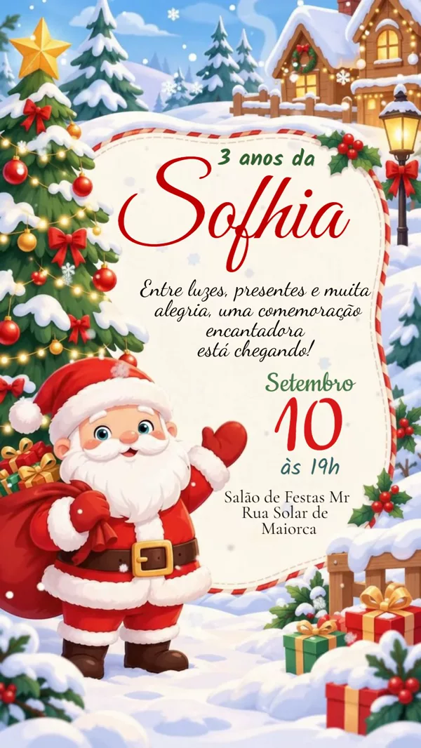 Convite Animado Aniversário Natal Papai Noel Para Editar Online