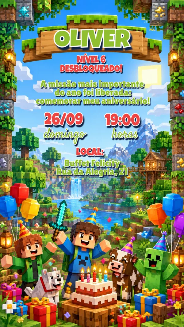 Convite Aniversário Minecraft Party Para Editar Online