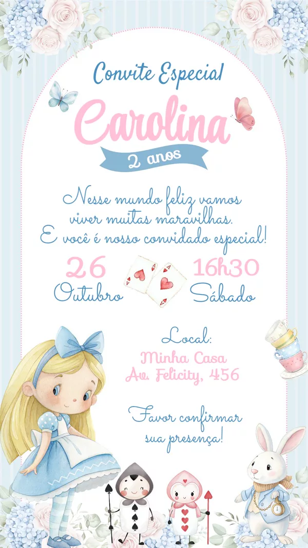 Convite Aniversário Alice no País das Maravilhas Para Editar Online