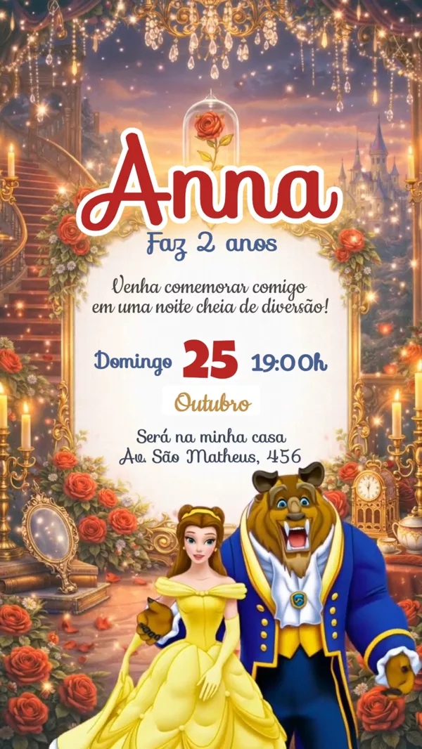 Convite Animado Aniversário Bela e Fera Castelo Para Editar Online
