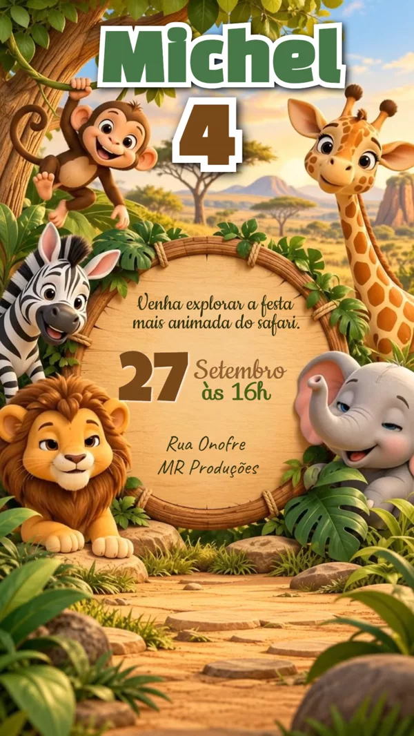 Convite Animado Aniversário Safari Menino Para Editar Online