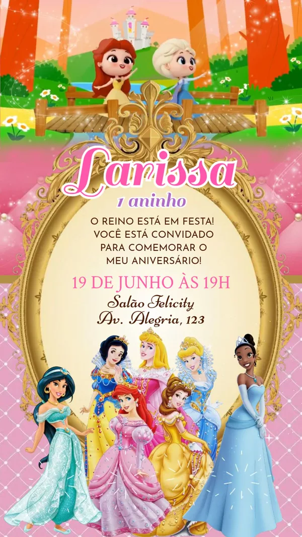 Convite Animado Aniversário Princesas Disney Para Editar Online