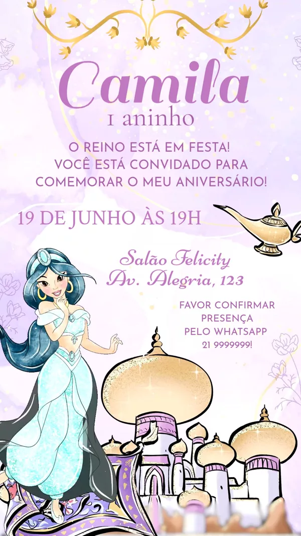 Convite Animado Aniversário Jasmine Lâmpada Para Editar Online