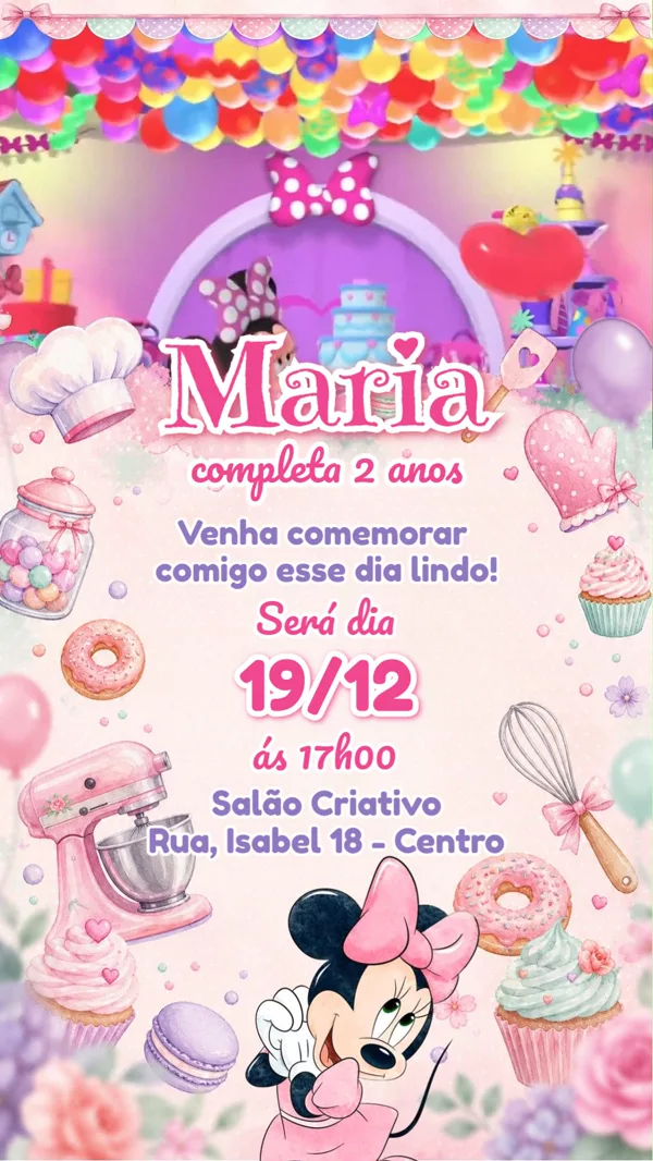 Convite Animado Aniversário Minnie Confeitera Para Editar Online