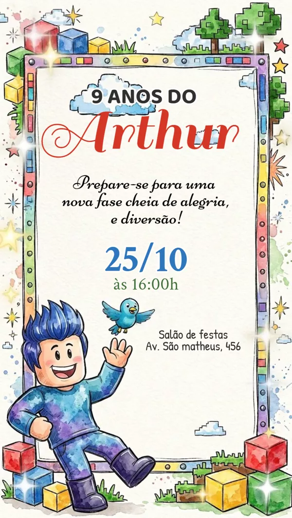 Convite Animado Aniversário Roblox Aquarela Para Editar Online