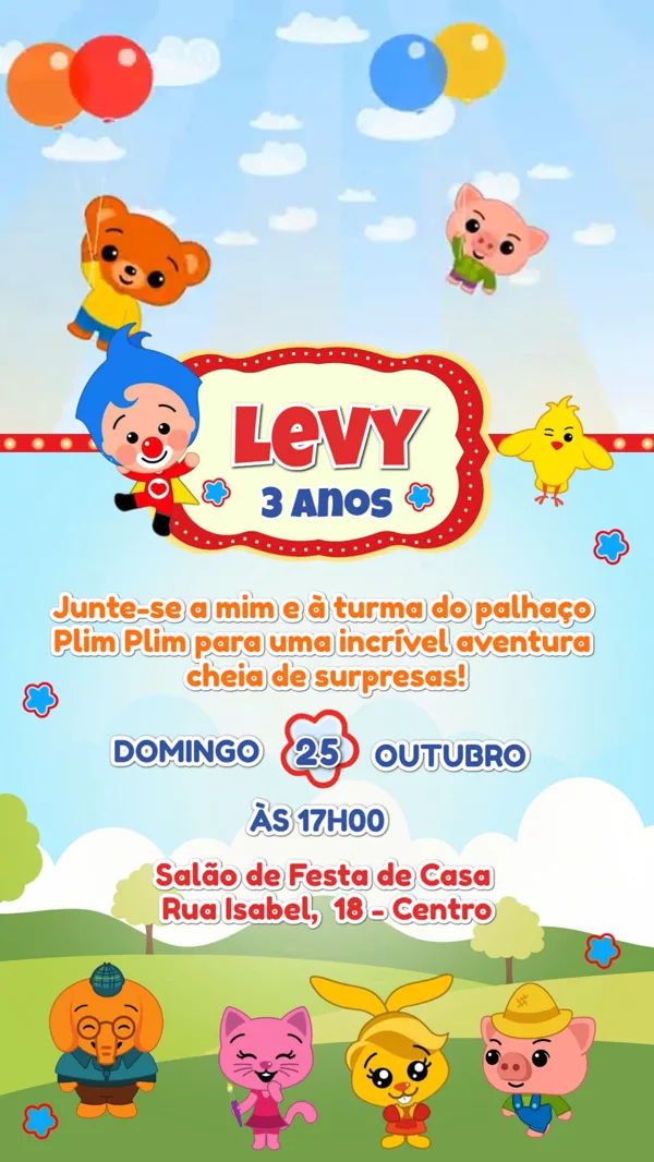 Convite Animado Aniversário Palhaço Plim Plim Para Editar Online