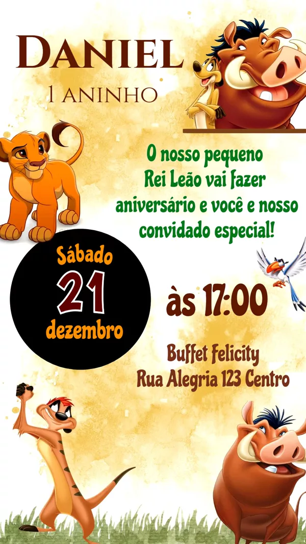 Convite Animado Aniversário Rei Leão Timon Pumba Para Editar Online