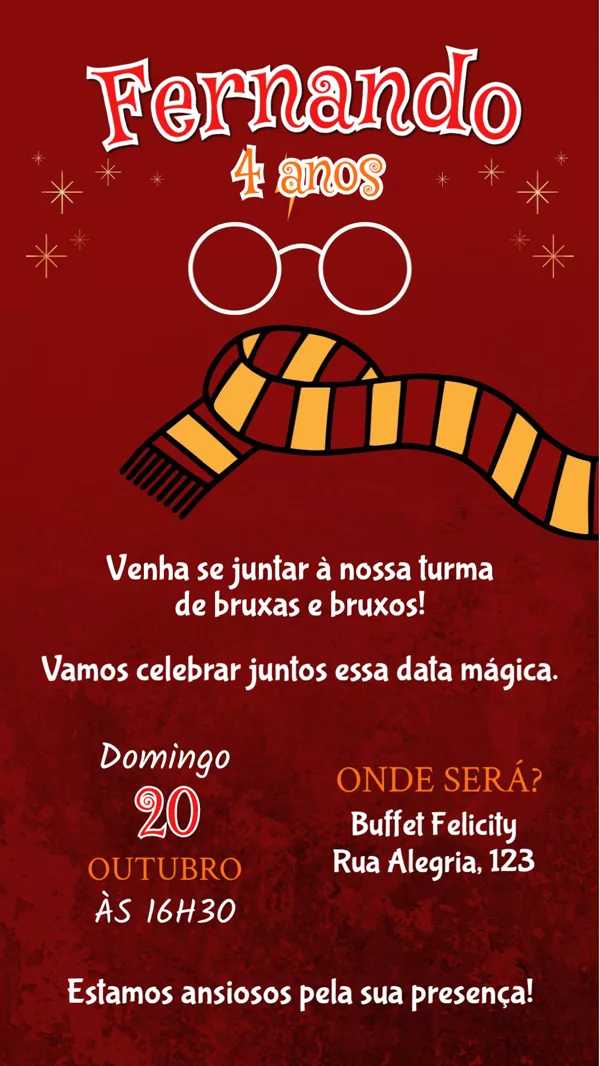 Convite Aniversário Harry Potter Para Editar Online