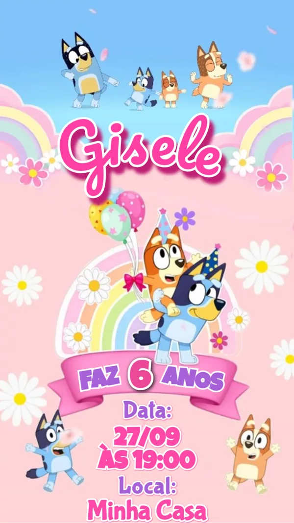 Convite Animado Aniversário Bluey e Bingo Para Editar Online
