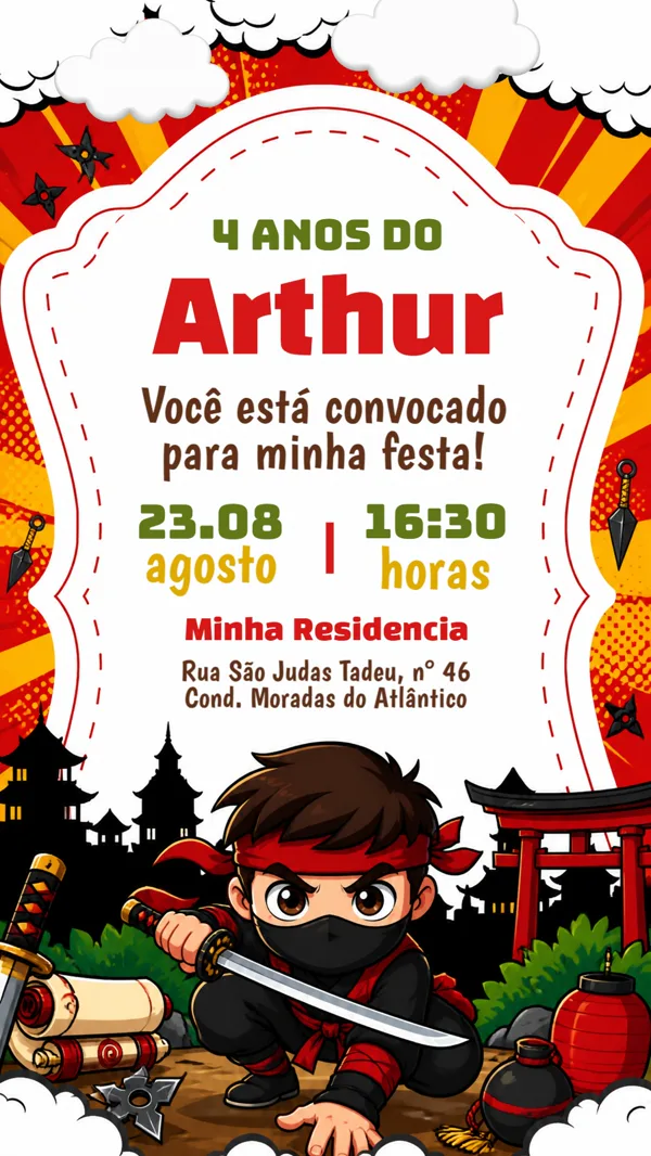 Convite Aniversário Ninja Guerreiro Para Editar Online
