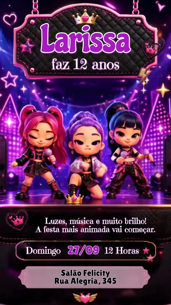 Convite Animado Aniversário Guerreiras K-Pop Para Editar Online