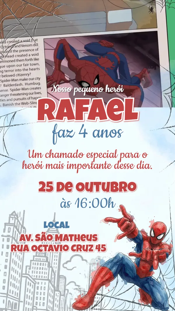 Convite Animado Aniversário Homem-Aranha Heroí Para Editar Online