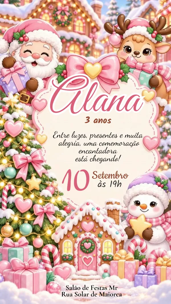Convite Animado Aniversário Natal Rosa Candy Para Editar Online
