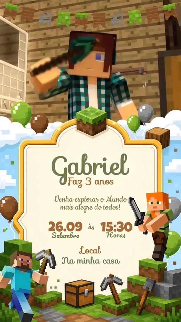 Convite Animado Aniversário Minecraft Alex Para Editar Online