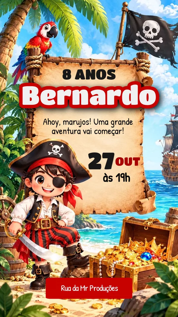 Convite Animado Aniversário Pirata Tesouro Ilha Para Editar Online