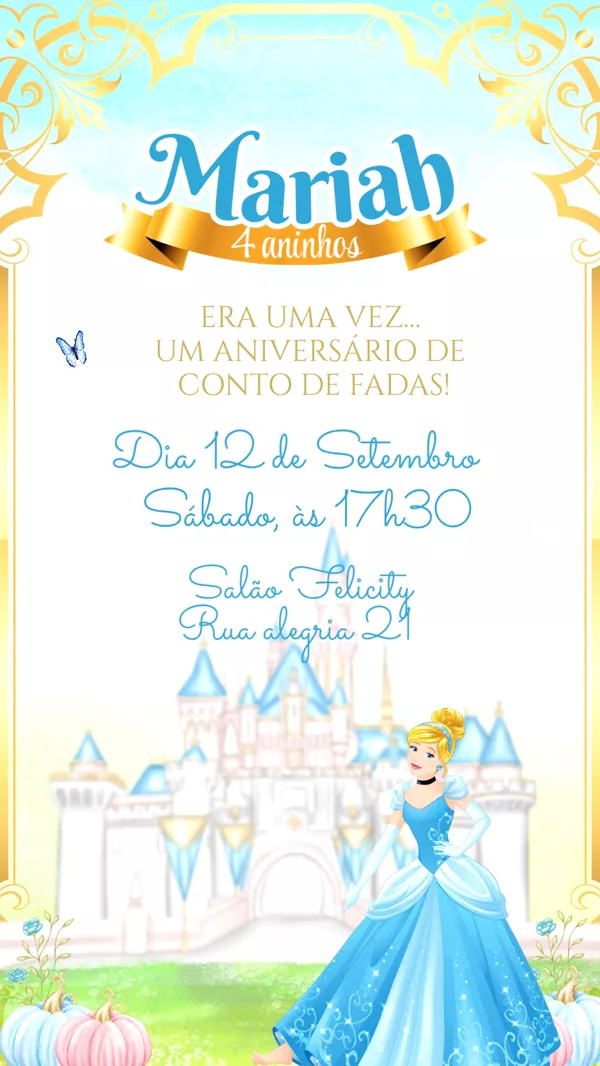 Convite Animado Aniversário Princesa Cinderela Para Editar Online