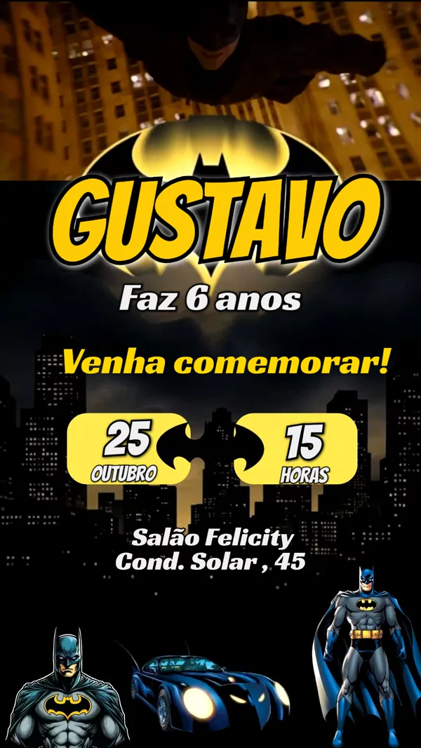 Convite Animado Aniversário Batman Cidade Noturna Para Editar Online