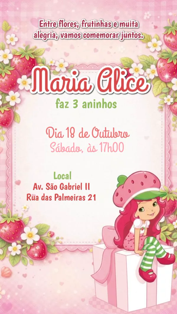 Convite Animado Aniversário Moranguinho Rosa Para Editar Online