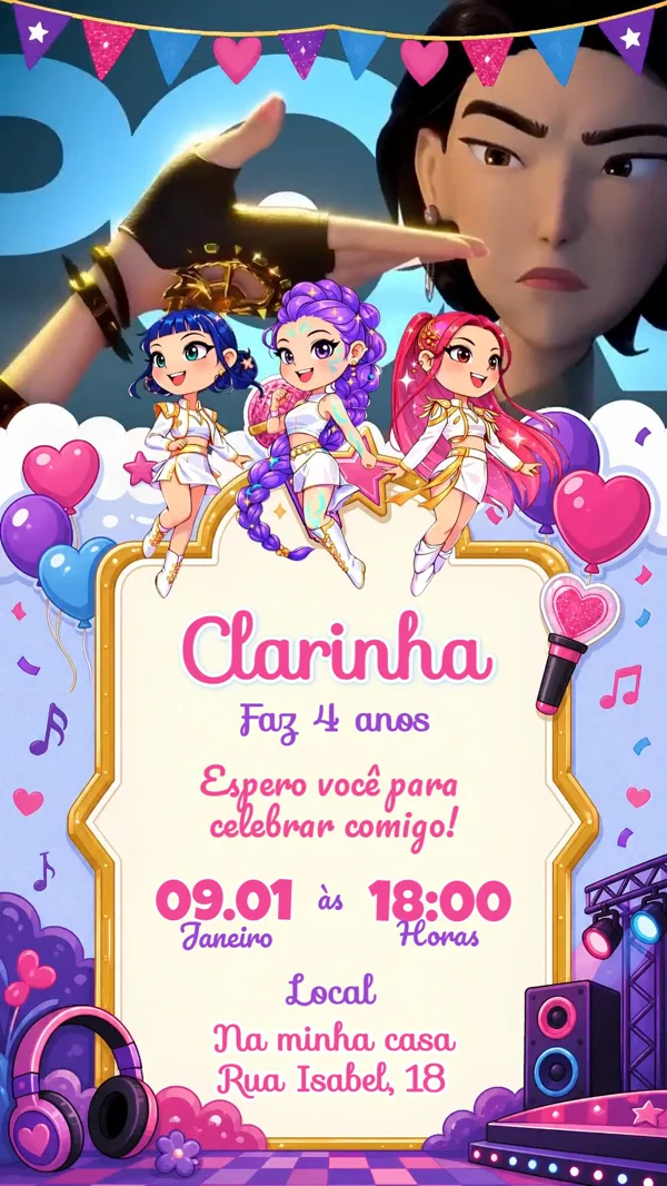 Convite Animado Aniversário Guerreiras Kpop Rosa Para Editar Online