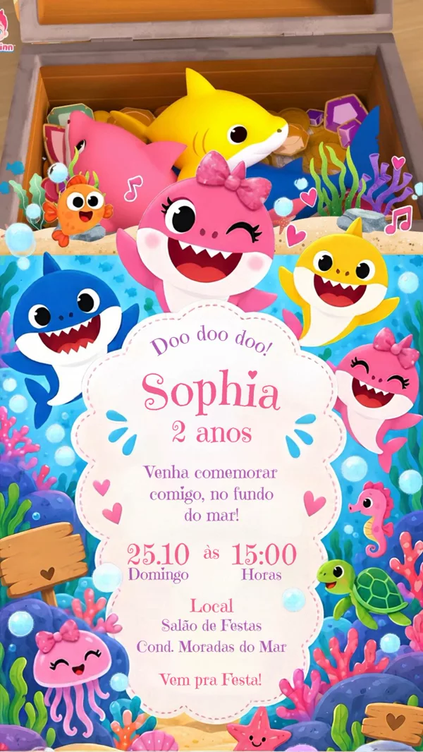 Convite Animado Aniversário Baby Shark Rosa Para Editar Online