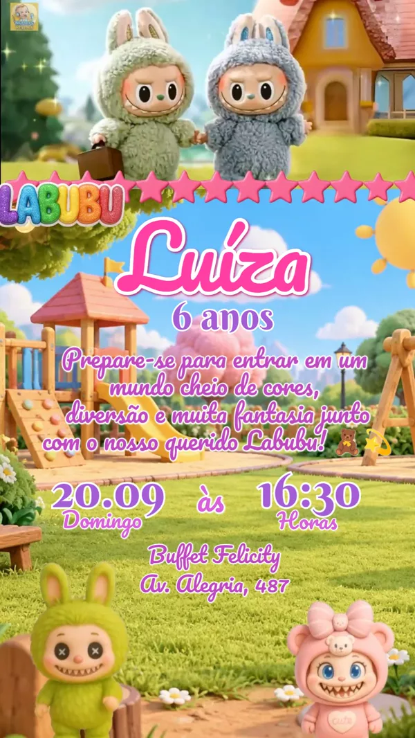 Convite Animado Aniversário Labubu Parquinho Para Editar Online