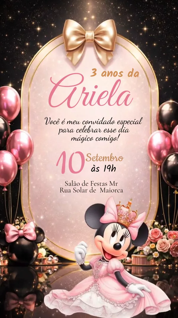 Convite Animado Aniversário Minnie Princesa Rosa Para Editar Online