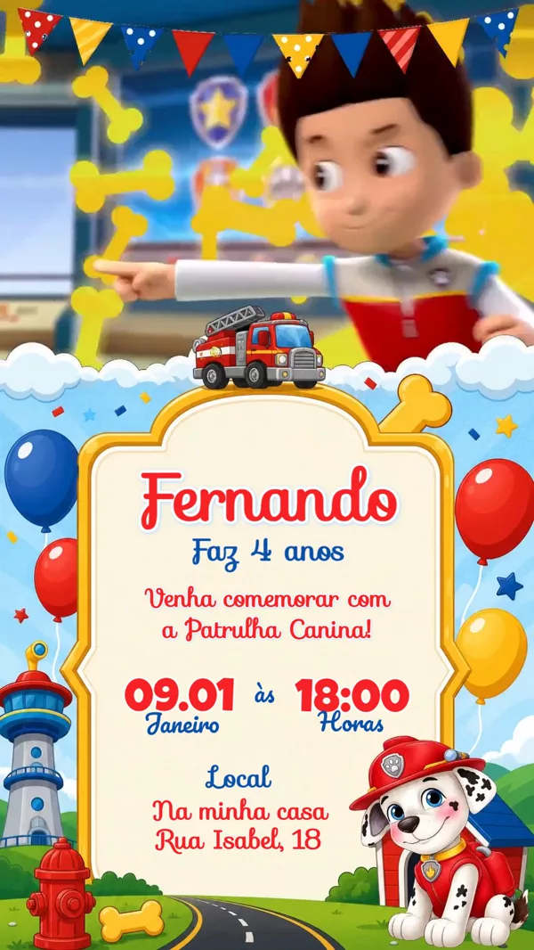Convite Animado Aniversário Patrulha Canina Azul Para Editar Online