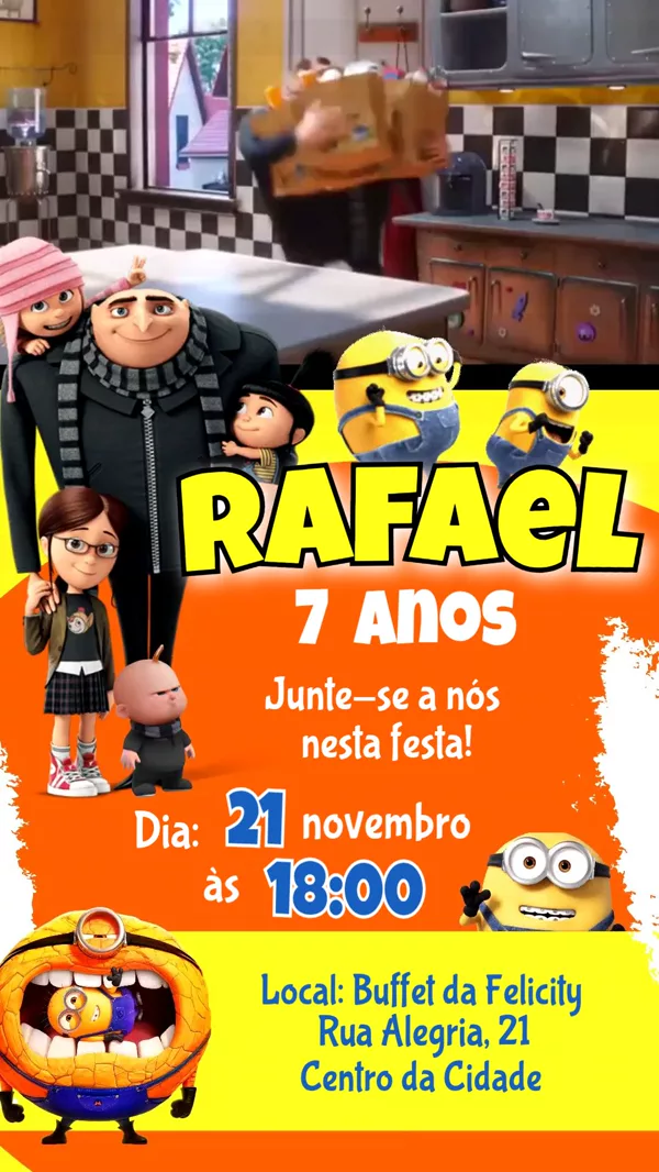 Convite Animado Aniversário Minions Gru Família Para Editar Online