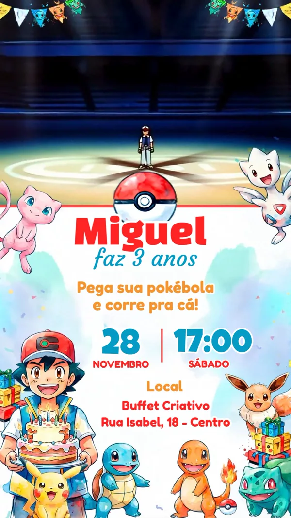 Convite Animado Aniversário Pokémon Aquarela Para Editar Online