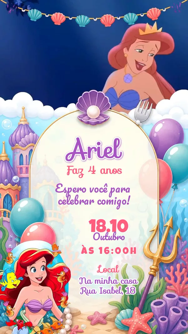 Convite Animado Aniversário A Pequena Sereia Para Editar Online