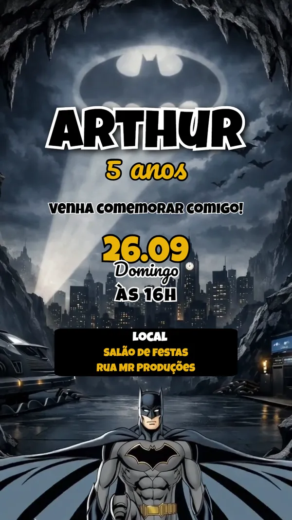 Convite Animado Aniversário Batman Cidade Noturna Para Editar Online