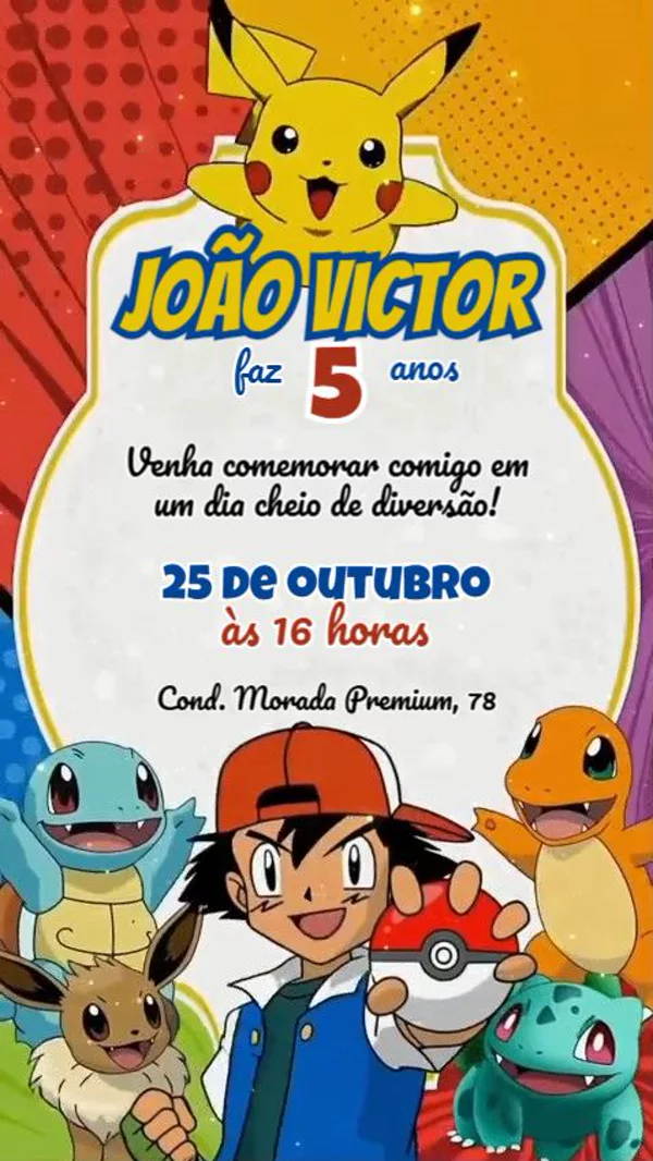Convite Animado Aniversário Pokémon Para Editar Online