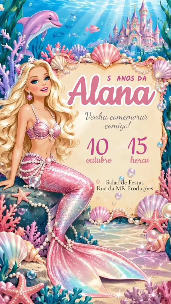 Convite Animado Aniversário Barbie Sereia Rosa Para Editar Online