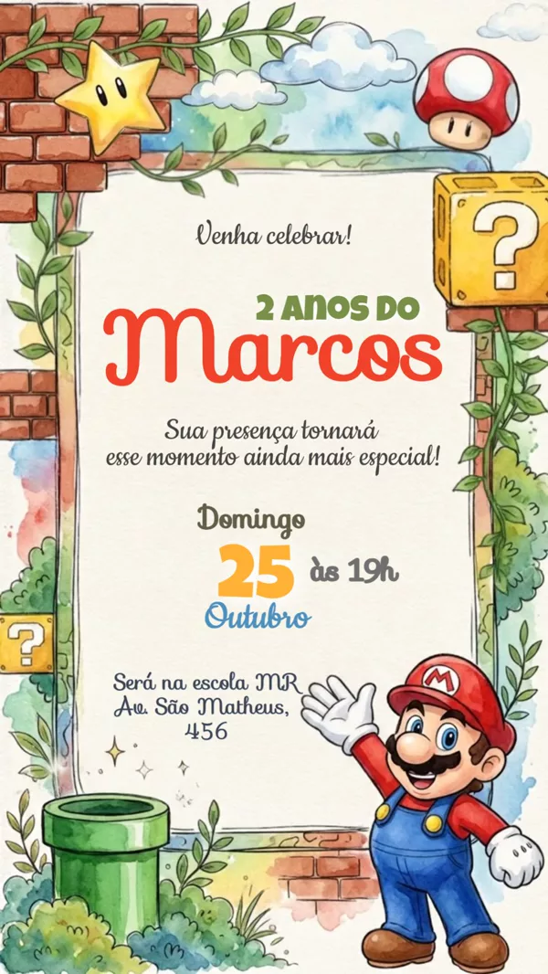 Convite Animado Aniversário Super Mario Go Para Editar Online