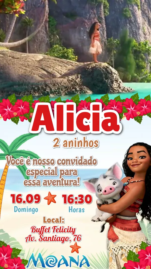 Convite Animado Aniversário Moana Praia Tropical Para Editar Online