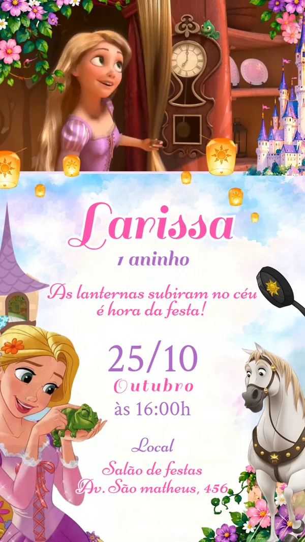 Convite Animado Aniversário Rapunzel Disney Para Editar Online